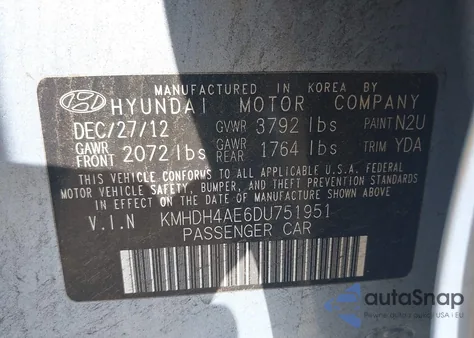 2013 Hyundai Elantra Gls z USA, uszkodzony, nr VIN KMHDH4AE6DU751951